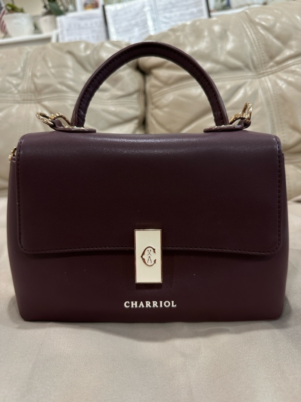Charriol Burgundy Leather Satchel with Gold Chain Strap - Picture 13 of 15